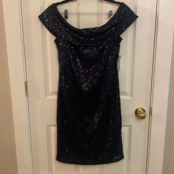 Vince Camuto Navy Sequin Off the Shoulder Cocktail Sheath Dress Size 8 NWT - Picture 1 of 5